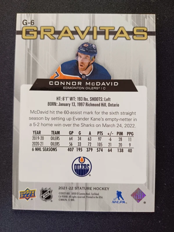 2021/2022 Upper Deck Stature Gravitas G-6 Connor McDavid Inzert - Image 2