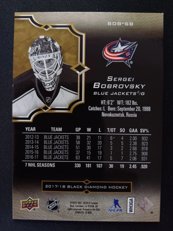 2017/2018 Upper Deck Black Diamond Pure Black BDB-SB Sergei Bobrovsky Paralel 15/99 - Image 2