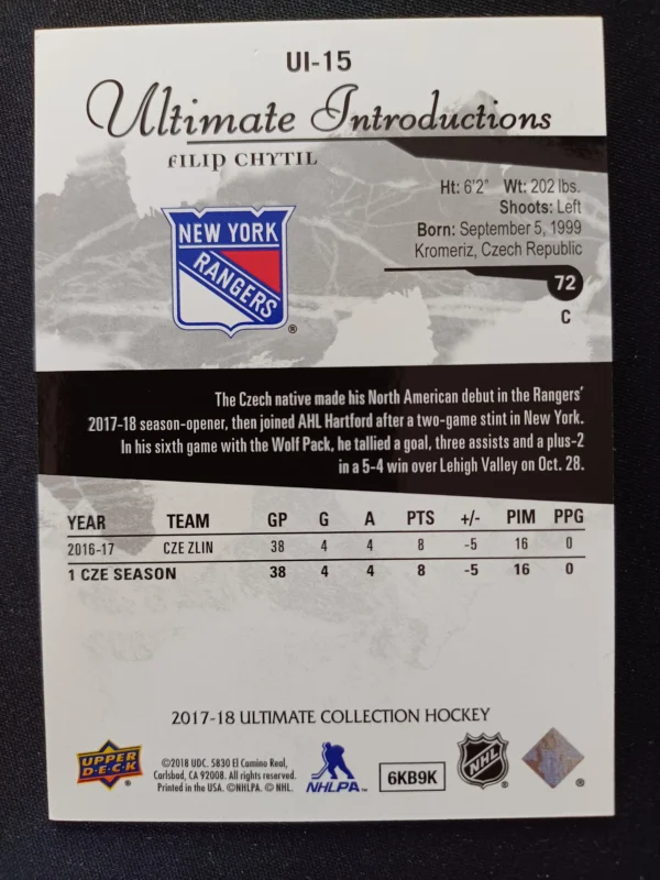 2017/2018 Upper Deck Ultimate Collection Ultimate Introductions UI-15 Filip Chytil - Image 2