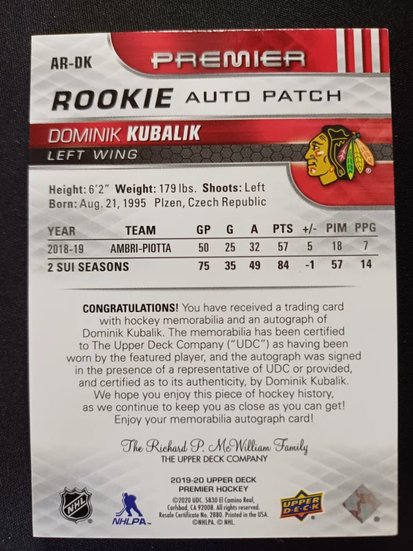 2019/2020 Upper Deck Premier Rookie AUTO Patch AR-DK Dominik Kubalik AUTO Patch 078/149 - Image 2