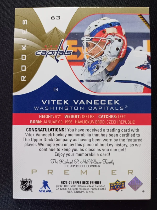 2020/2021 Upper Deck Premier Rookie Materials 63 Vitek Vanecek Fight Strap 01/15 - Image 2