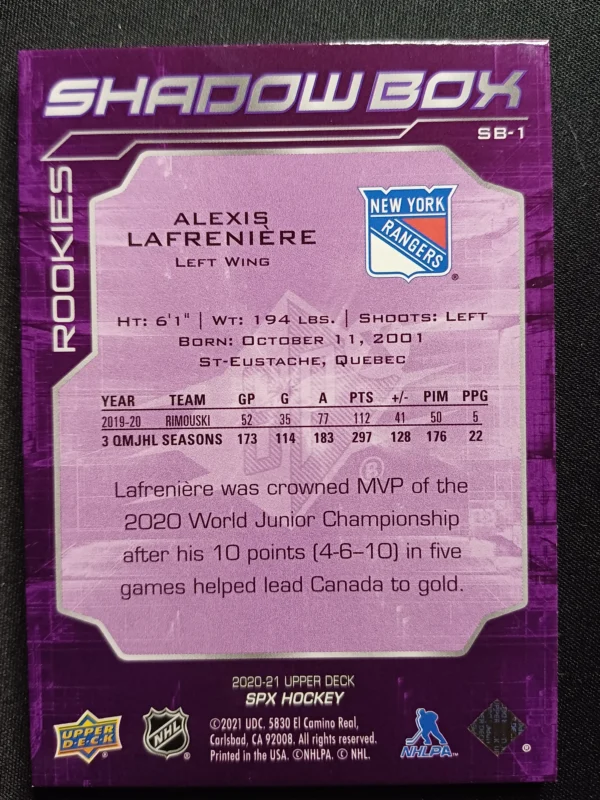 2020/2021 Upper Deck SPx Shadowbox SB-1 Alexis Lafreniere Inzert - Image 2