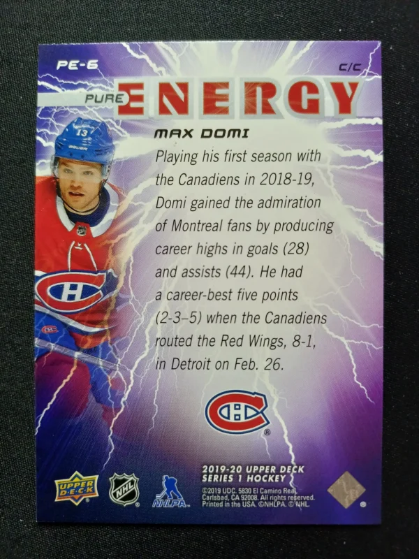 2019/2020 Upper Deck Series 1 Pure Energy PE-06 Max Domi Inzert - Image 2