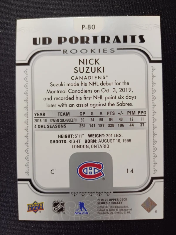 2019/2020 Upper Deck Series 2 Portraits P-80 Nick Suzuki Inzert - Image 2