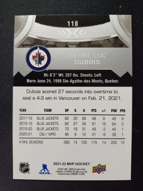 2021/2022 Upper Deck MVP Silver Script 118 Pierre-Luc Dubois Paralel - Image 2