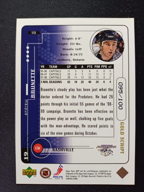 1998/1999 Upper Deck MVP Gold Script 113 Andrew Brunette Paralel 095/100 - Image 2