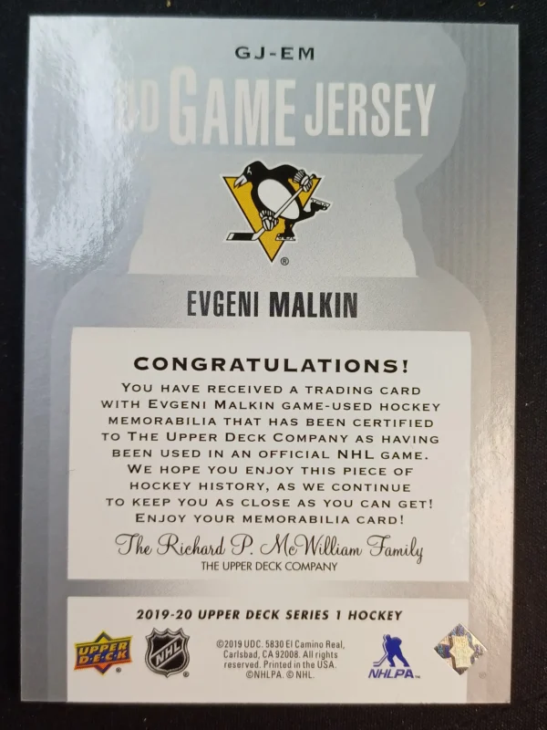 2019/2020 Upper Deck Series 1 Game Jersey GJ.EM Evgeni Malkin Jersey - Image 2