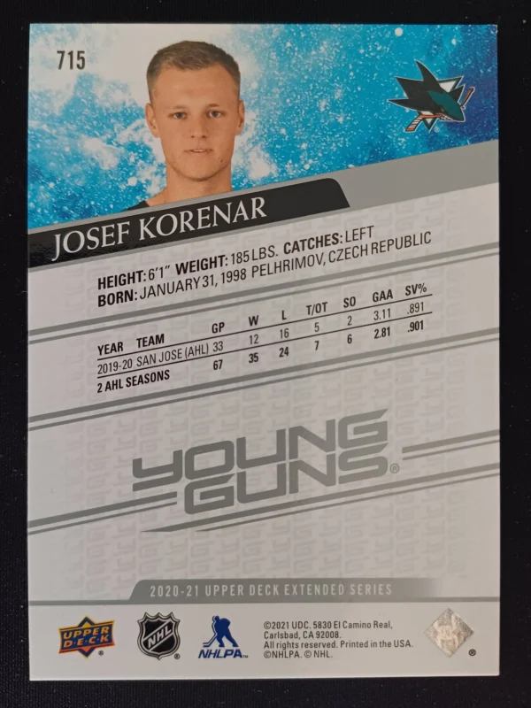 2020/2021 Upper Deck Extended Young Guns 715 Josef Korenar Inzert - Image 2