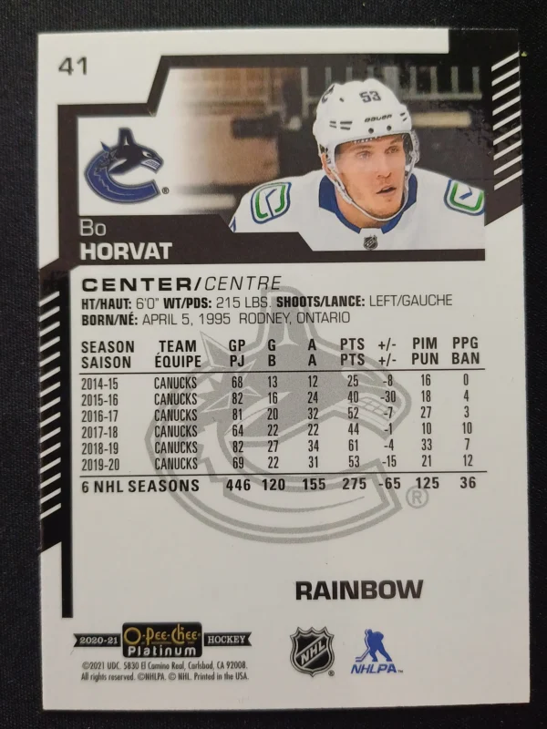 2020/2021 Upper Deck OPC Platinum Rainbow 41 Bo Horvat Paralel - Image 2