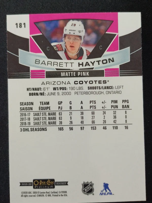 2019/2020 Upper Deck OPC Platinum Matte Pink Marquee Rookie 181 Barrett Hayton Paralel - Image 2