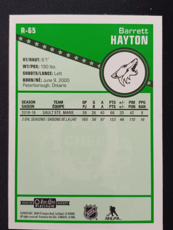 2019/2020 Upper Deck OPC Platinum Retro Marquee Rookie R-65 Barrett Hayton Paralel - Image 2