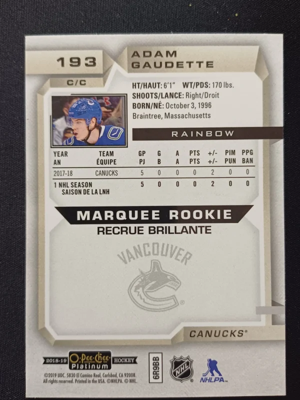 2018/2019 Upper Deck OPC Platinum Rainbow Marquee Rookie 193 Adam Gaudette Paralel - Image 2