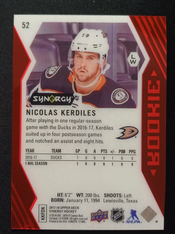 2017/2018 Upper Deck Synergy Red 52 Nicolas Kerdiles - Image 2