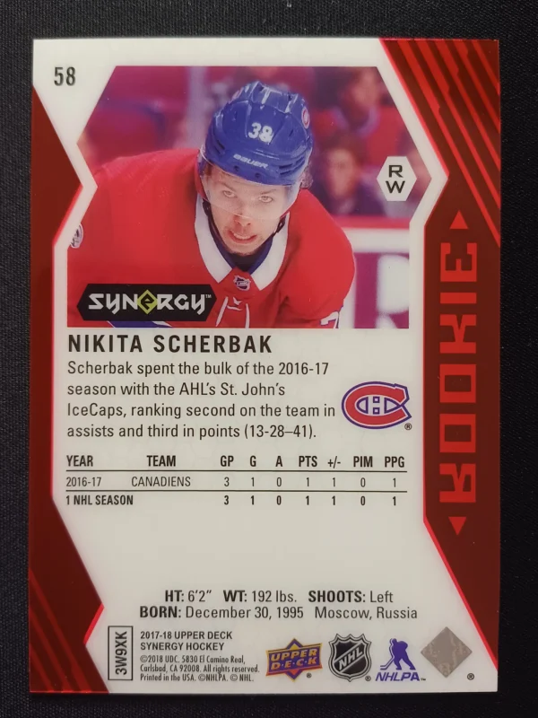 2017/2018 Upper Deck Synergy Red 58 Nikita Scherbak - Image 2