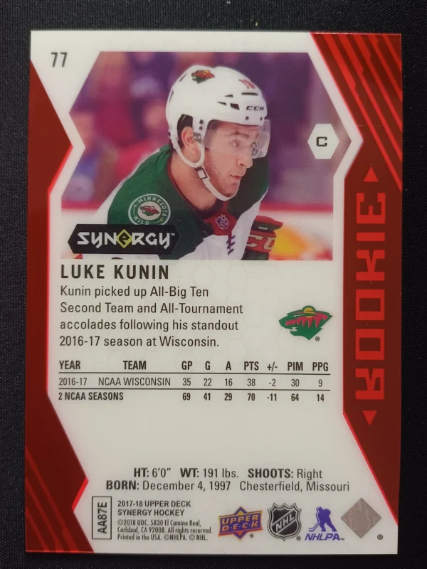 2017/2018 Upper Deck Synergy Red 77 Luke Kunin - Image 2