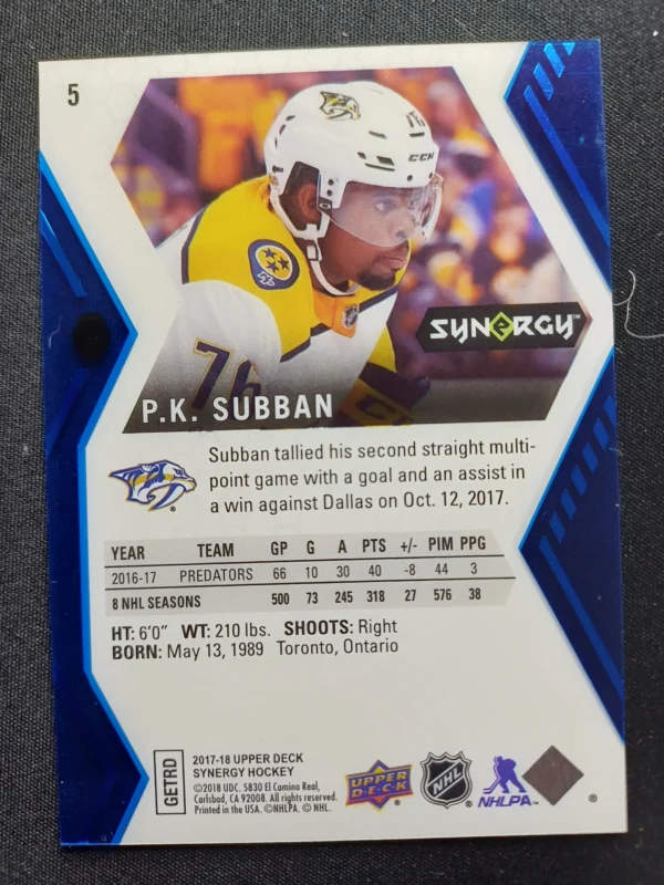 2017/2018 Upper Deck Synergy Blue 5 P.K. Subban Paralel - Image 2