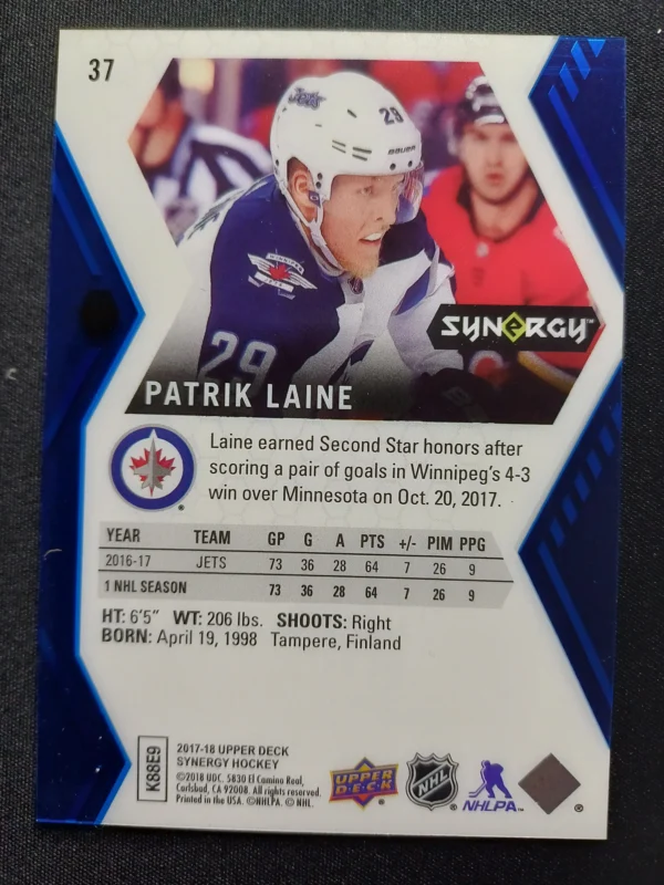 2017/2018 Upper Deck Synergy Blue 37 Patrik Laine Paralel - Image 2