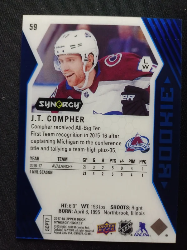 2017/2018 Upper Deck Synergy Blue 59 J.T. Compher Paralel - Image 2