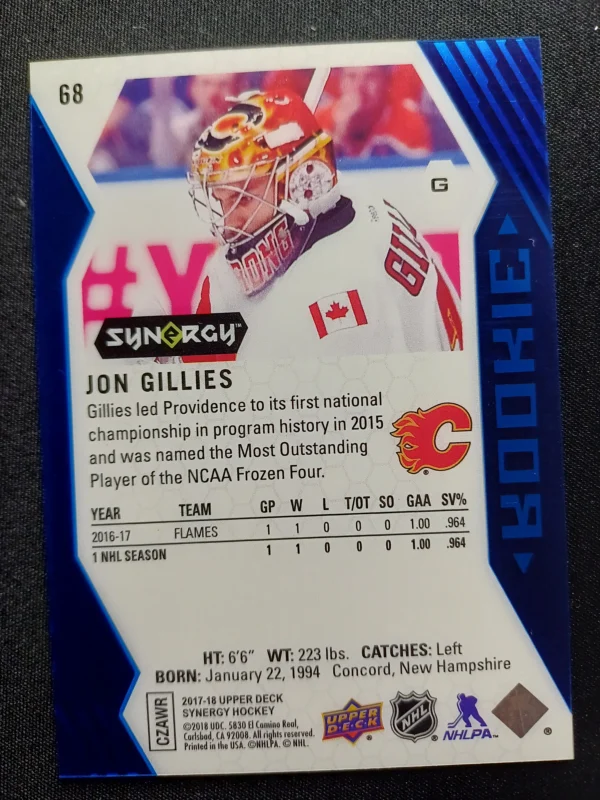 2017/2018 Upper Deck Synergy Blue 68 Jon Gillies Paralel - Image 2