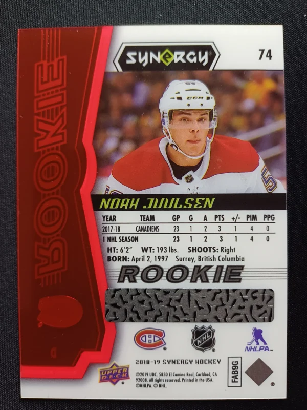 2018/2019 Upper Deck Synergy Red Bounty 74 Noah Juulsen Paralel - Image 2