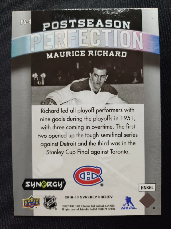 2018/2019 Upper Deck Synergy Postseason Perfection PS-4 Maurice Richard Inzert - Image 2