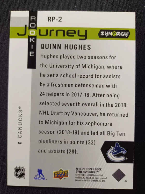 2019/2020 Upper Deck Synergy NHL Rookie Journey - Draft Day RP-02 Quinn Hughes Inzert 453/999 - Image 2