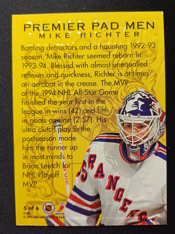 1994/1995 Fleer Ultra Pad Men Gold Medallion 05 of 06 Mike Richter Inzert - Image 2