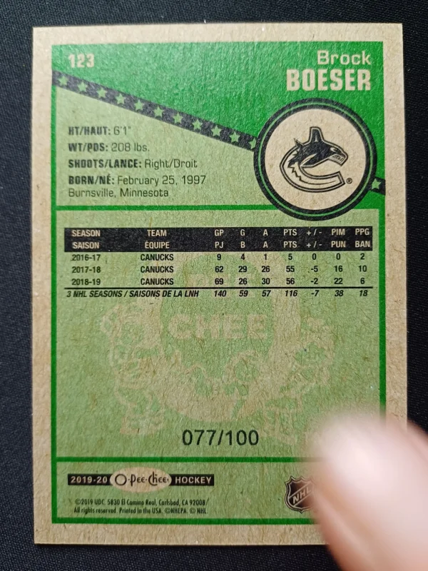 2019/2020 Upper Deck O-Pee-Chee Retro Black Border 123 Brock Boeser Paralel 077/100 - Image 2