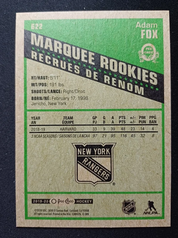 2019/2020 Upper Deck O-Pee-Chee Retro Marquee Rookie 622 Adam Fox Paralel - Image 2