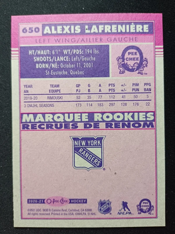 2020/2021 Upper Deck O-Pee-Chee Retro Marquee Rookie 650 Alexis Lafreniere Paralel - Image 2