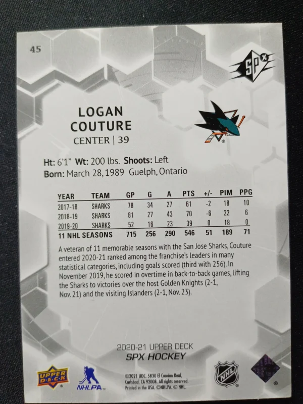 2020/2021 Upper Deck SPx Base 45 Logan Couture - Image 2