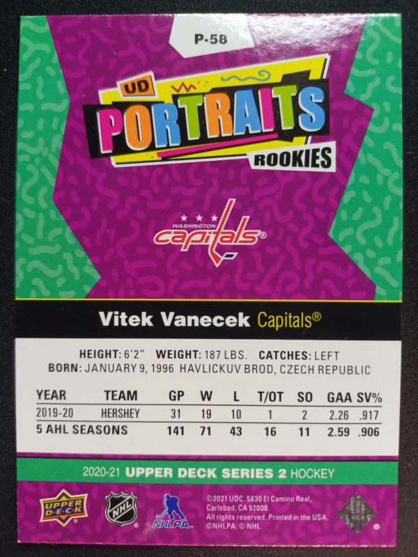 2020/2021 Upper Deck Series 2 Portraits P-58 Vitek Vanecek - Image 2