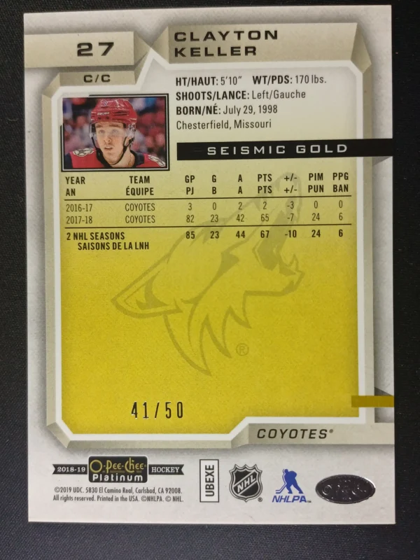 2018/2019 Upper Deck OPC Platinum Seismic Gold 27 Clayton Keller Paralel 41/50 - Image 2