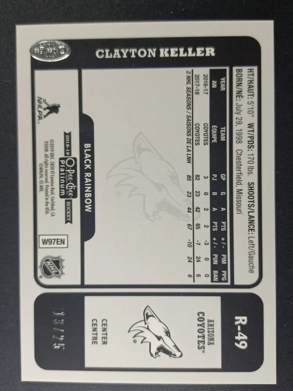 2018/2019 Upper Deck OPC Platinum Retro Black Rainbow R-49 Clayton Keller Paralel 13/25 - Image 2