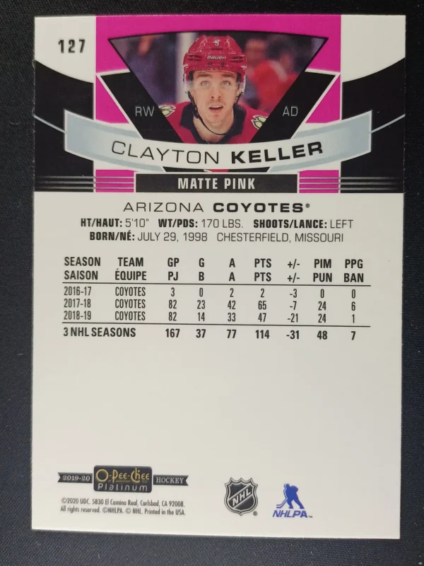 2019/2020 Upper Deck OPC Platinum Matte Pink 127 Clayton Keller Paralel - Image 2