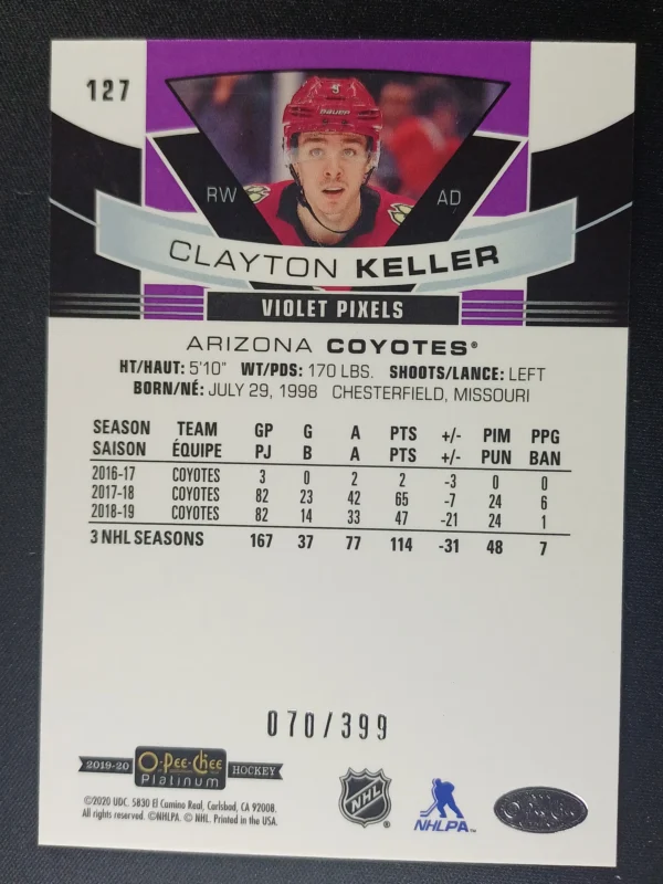 2019/2020 Upper Deck OPC Platinum Violet Pixels 127 Clayton Keller Paralel 070/399 - Image 2