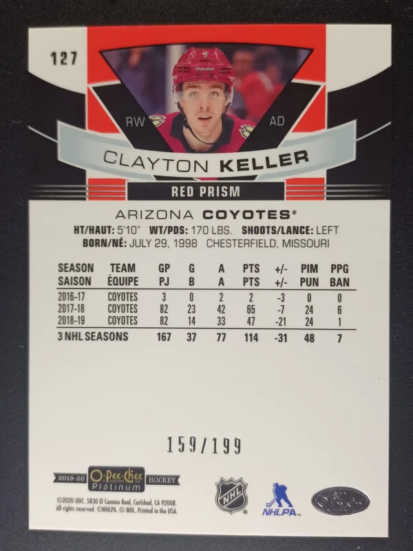 2019/2020 Upper Deck OPC Platinum Red Prism 127 Clayton Keller Paralel 159/199 - Image 2