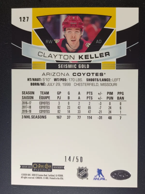 2019/2020 Upper Deck OPC Platinum Seismic Gold 127 Clayton Keller Paralel 14/50 - Image 2