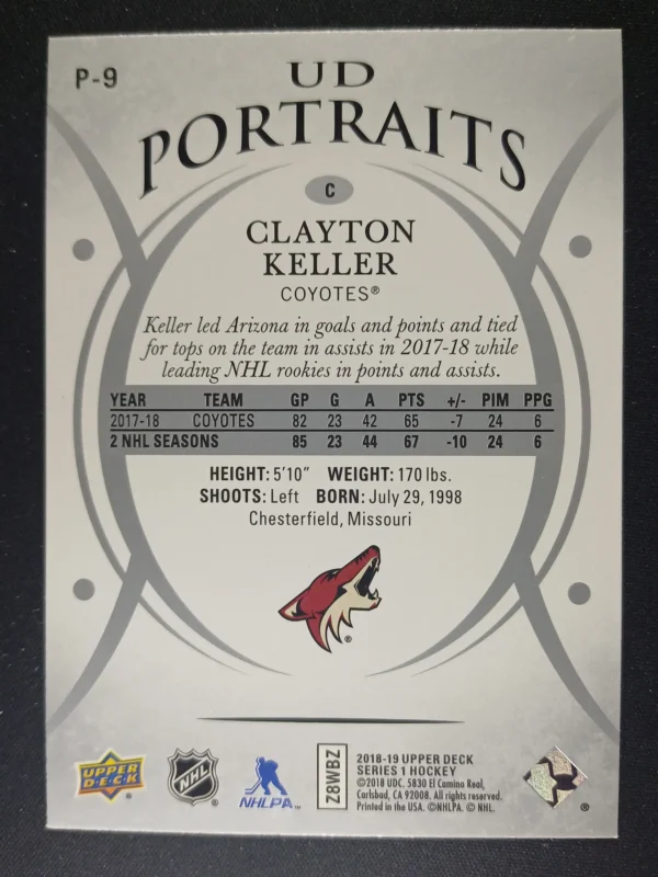 2018/2019 Upper Deck Series 1 Portraits P-9 Clayton Keller Inzert - Image 2