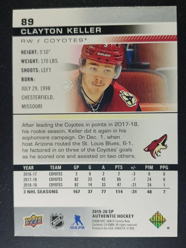 2019/2020 Upper Deck SP Authentic Base 89 Clayton Keller - Image 2