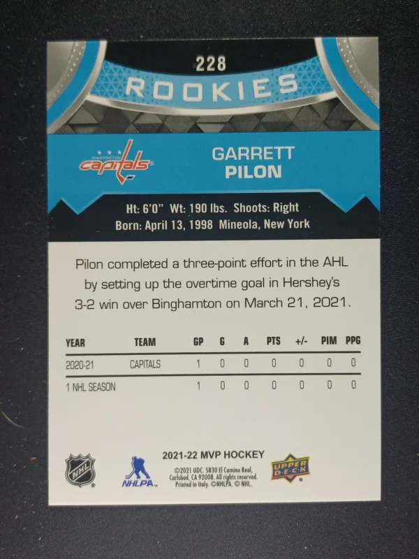 2021/2022 Upper Deck MVP Rookies Factory Set Blue 228 Garrett Pilon Paralel - Image 2