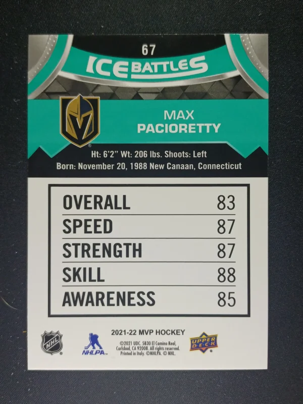 2021/2022 Upper Deck MVP Ice Battles 67 Max Pacioretty Paralel - Image 2