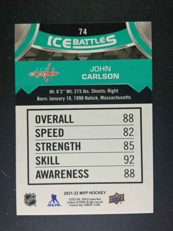 2021/2022 Upper Deck MVP Ice Battles 74 John Carlson Paralel - Image 2