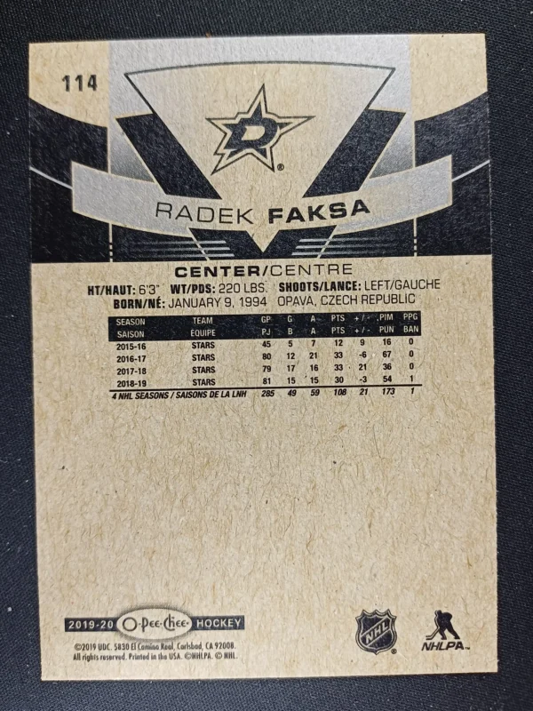 2019/2020 Upper Deck O-Pee-Chee Base 114 Radek Faksa - Image 2