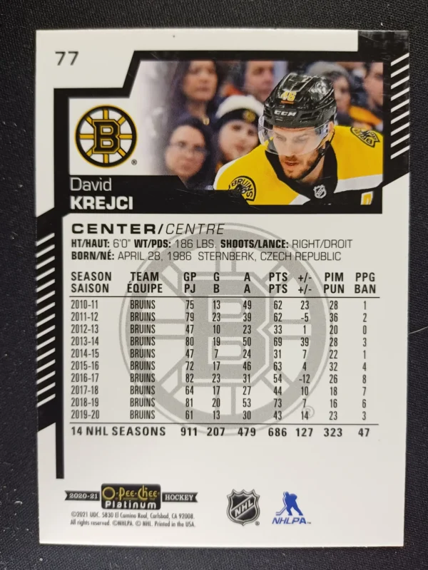 2020/2021 Upper Deck OPC Platinum Base 77 David Krejci - Image 2