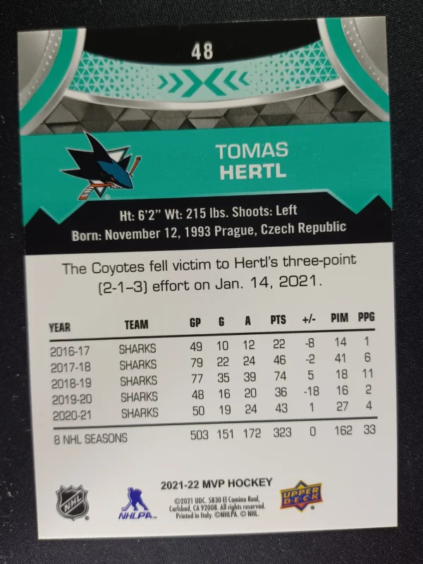 2021/2022 Upper Deck MVP Base 48 Tomas Hertl - Image 2