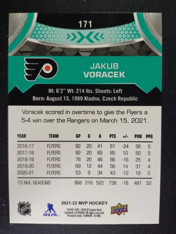 2021/2022 Upper Deck MVP Base 171 Jakub Voracek - Image 2