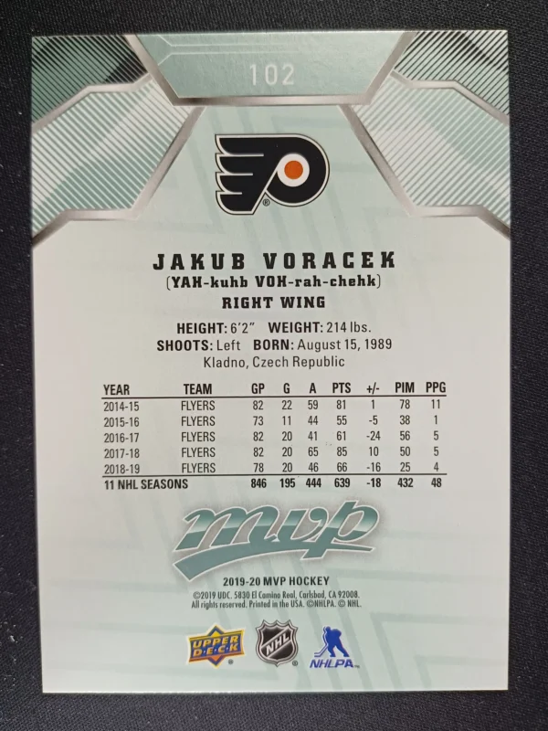 2019/2020 Upper Deck MVP Base 102 Jakub Voracek - Image 2