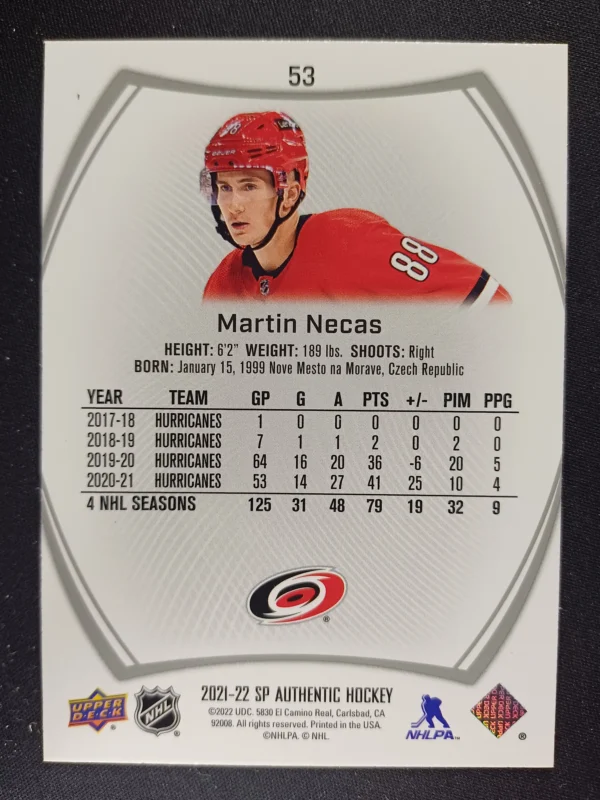 2021/2022 Upper Deck SP Authentic Base 53 Martin Necas - Image 2