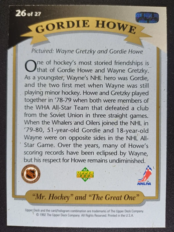 1992/1993 Upper Deck Hockey Heroes 26 of 27 Gordie Howe Inzert - Image 2